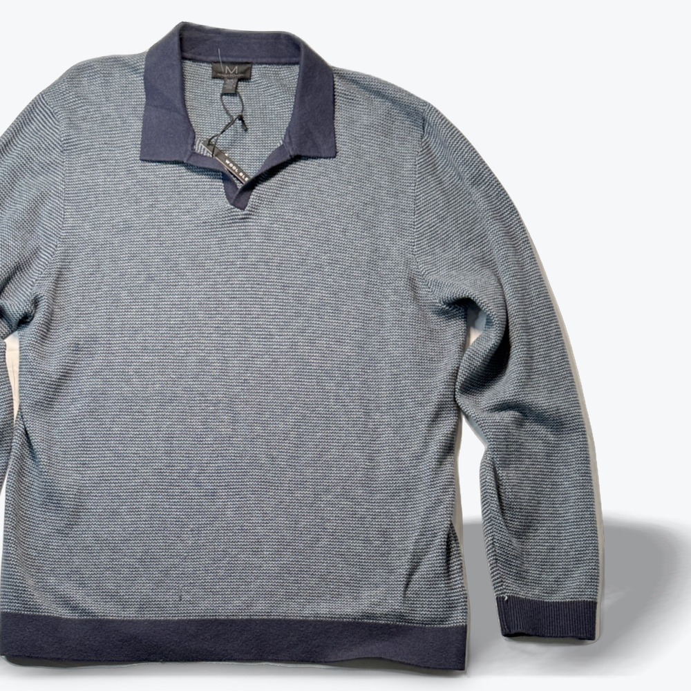 Magaschoni Mens Wool Blend Polo Sweater Blue Grey Textured Knit Size Large NWT